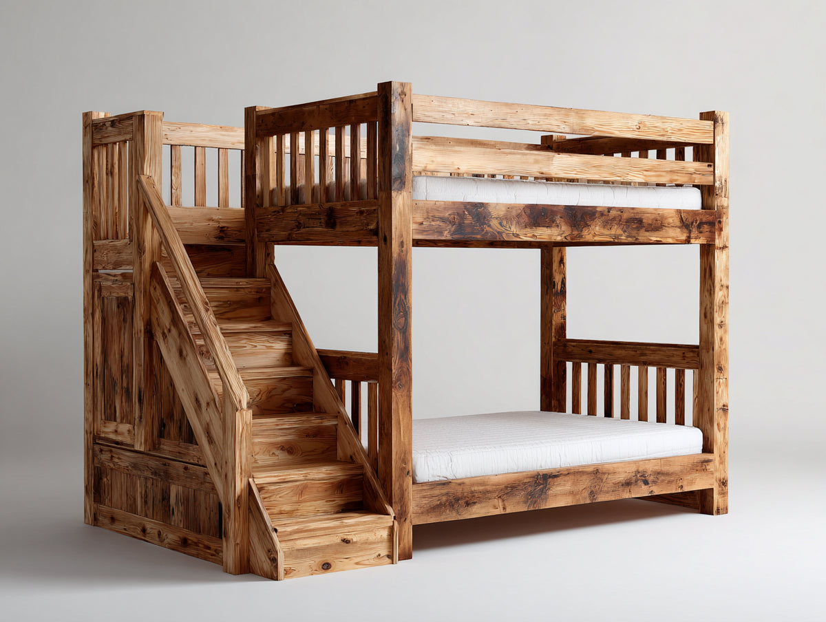 Lits superposés - bois massif - 245x110x185 cm - bois naturel - style rustique avec escalier intégré