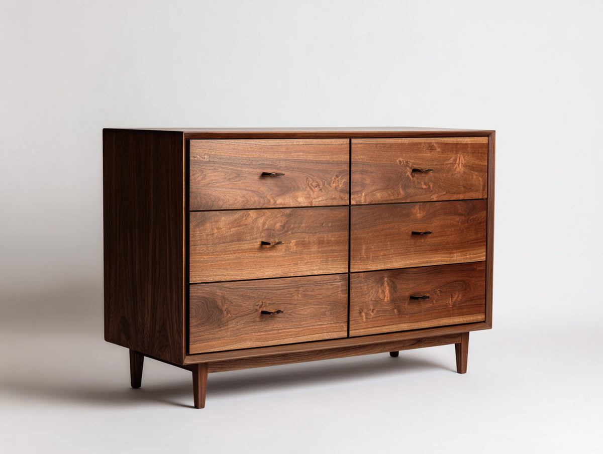Commode - Bois - 128 x 43 x 88 cm - Noyer naturel - Style mid-century