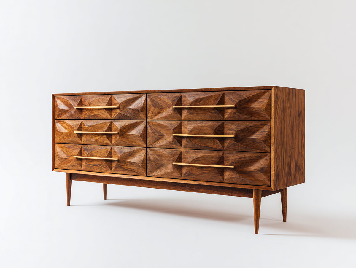 Commode - Bois - Métal - 160 x 45 x 82 cm - Noyer ambré - Style mid-century géométrique
