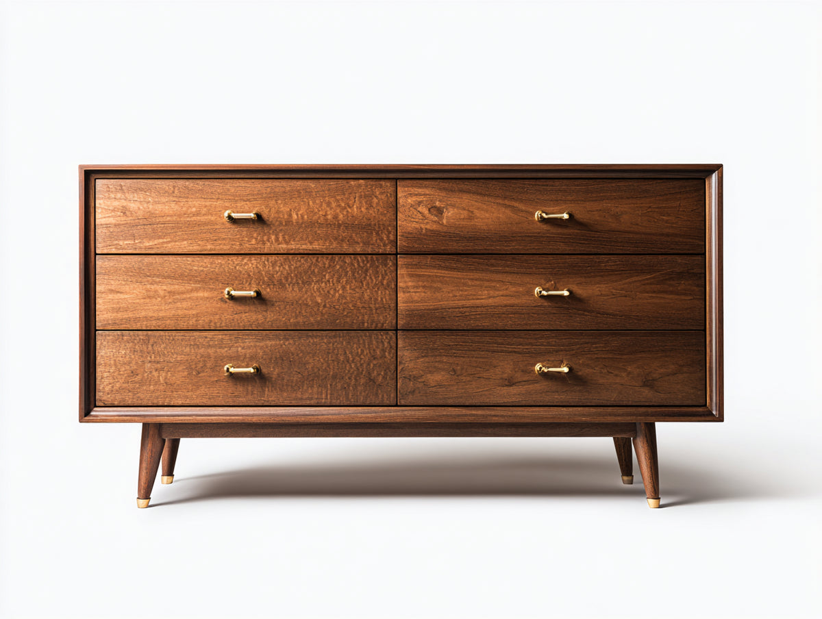 Commode - Bois - Métal - 150 x 42 x 80 cm - Noyer brun-Laiton - Style mid-century