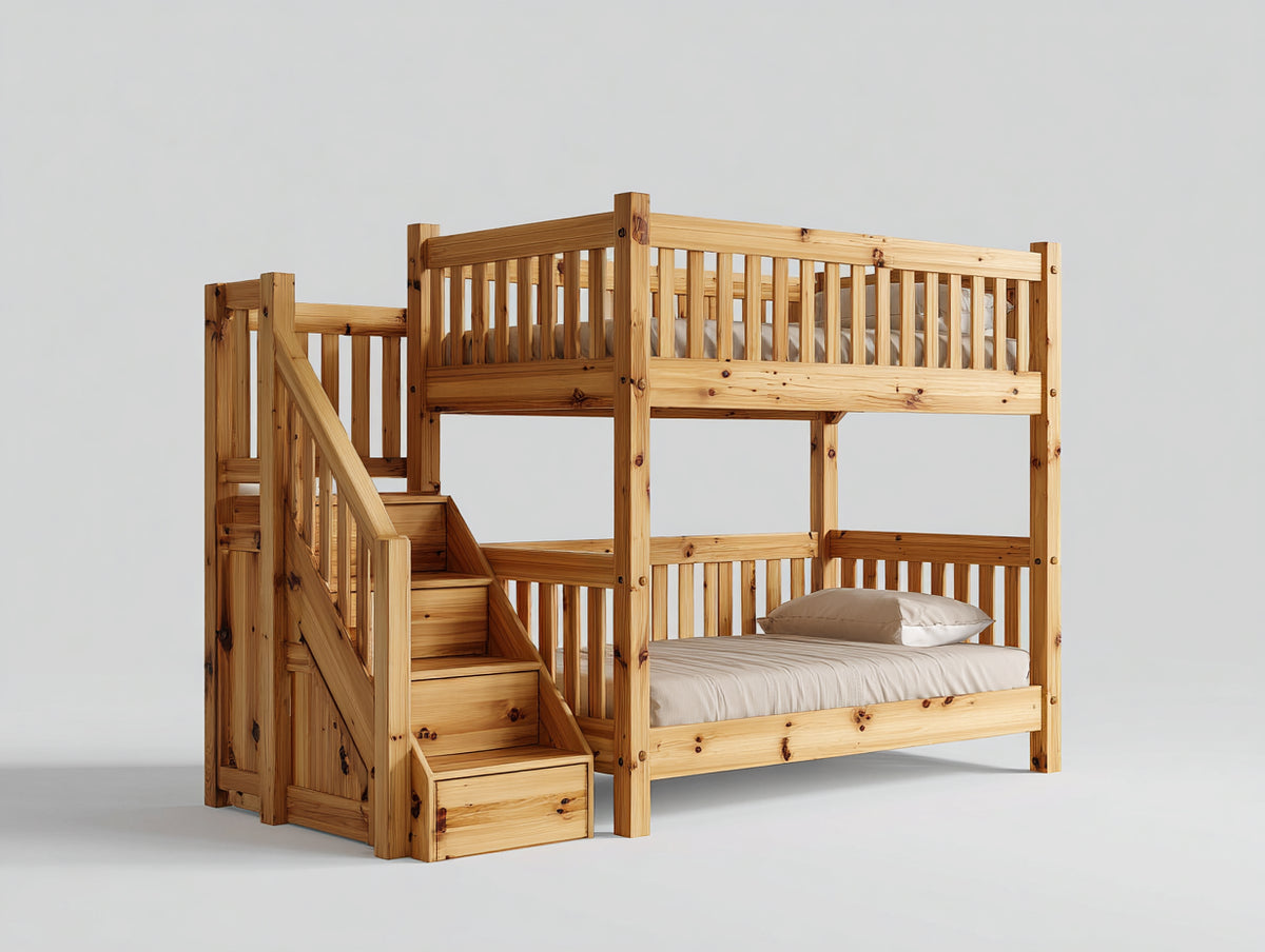 Lits superposés - bois massif - 245x105x185 cm - bois naturel - style rustique avec escalier intégré