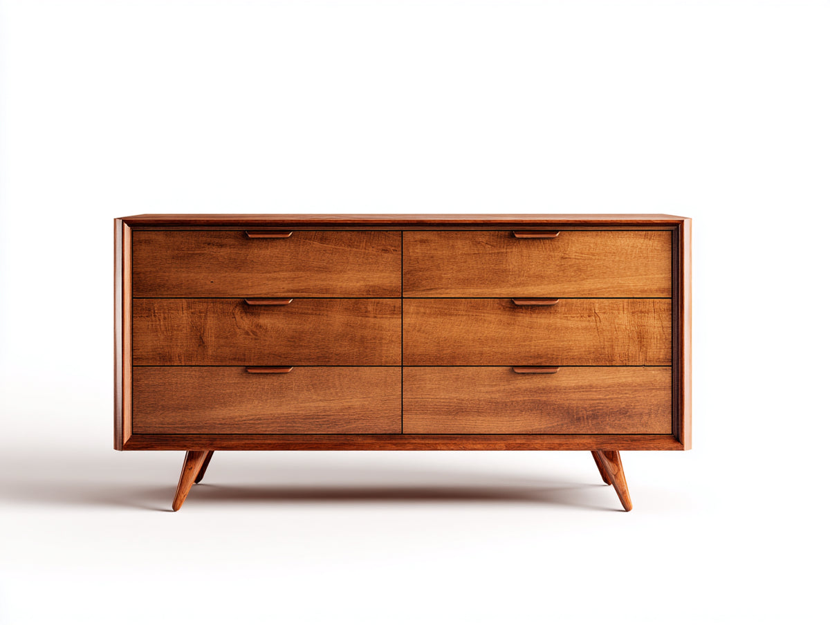 Commode - Bois - 142 x 42 x 80 cm - Noyer chaud - Style mid-century