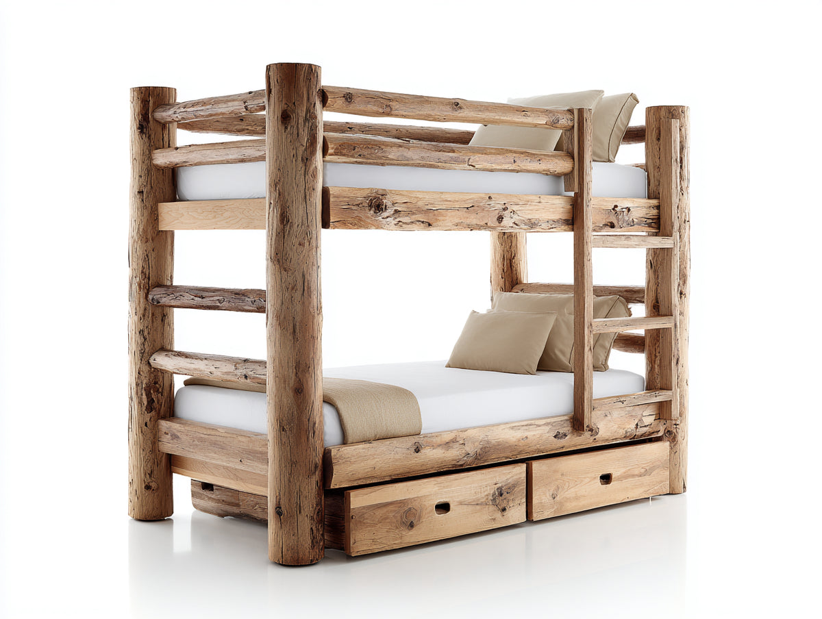 Lits superposés - bois massif - 210x105x185 cm - bois naturel - style rustique avec rangement