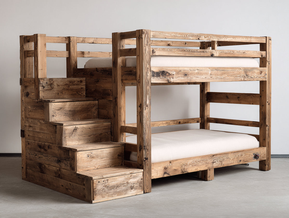Lits superposés - bois massif - 240x110x185 cm - bois naturel - style rustique avec escalier intégré